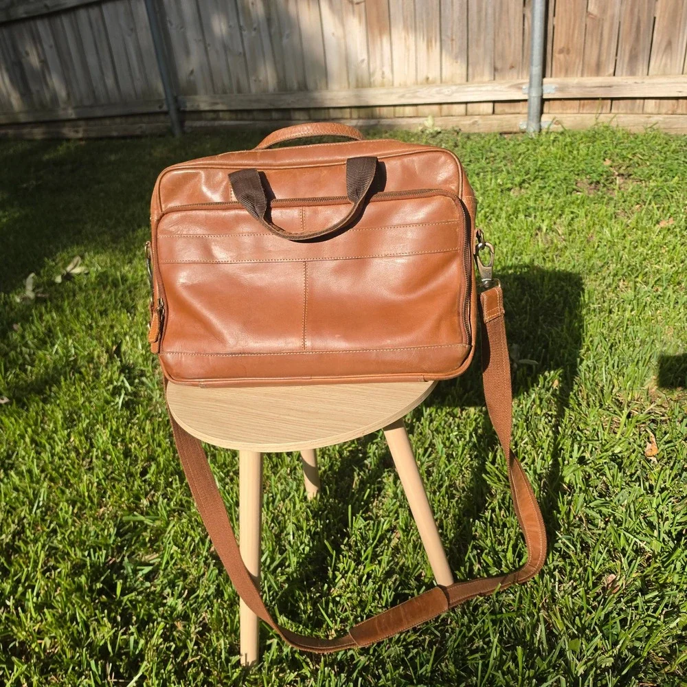 KomalIC Tan Leather Briefcase Messenger Bag Laptop Office Satchel Tan